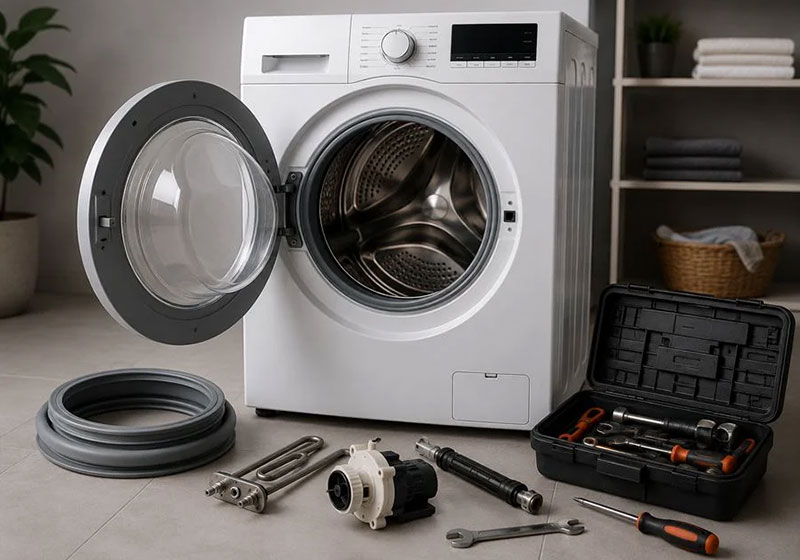 Front-load washing machine ready for inspection and repair